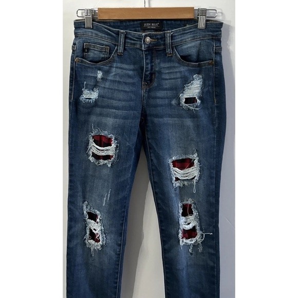 Judy Blue Denim - Women's Judy Blue Skinny Fit Jeans Stretch Buffalo Plaid Patchwork Sz 27 JB8268